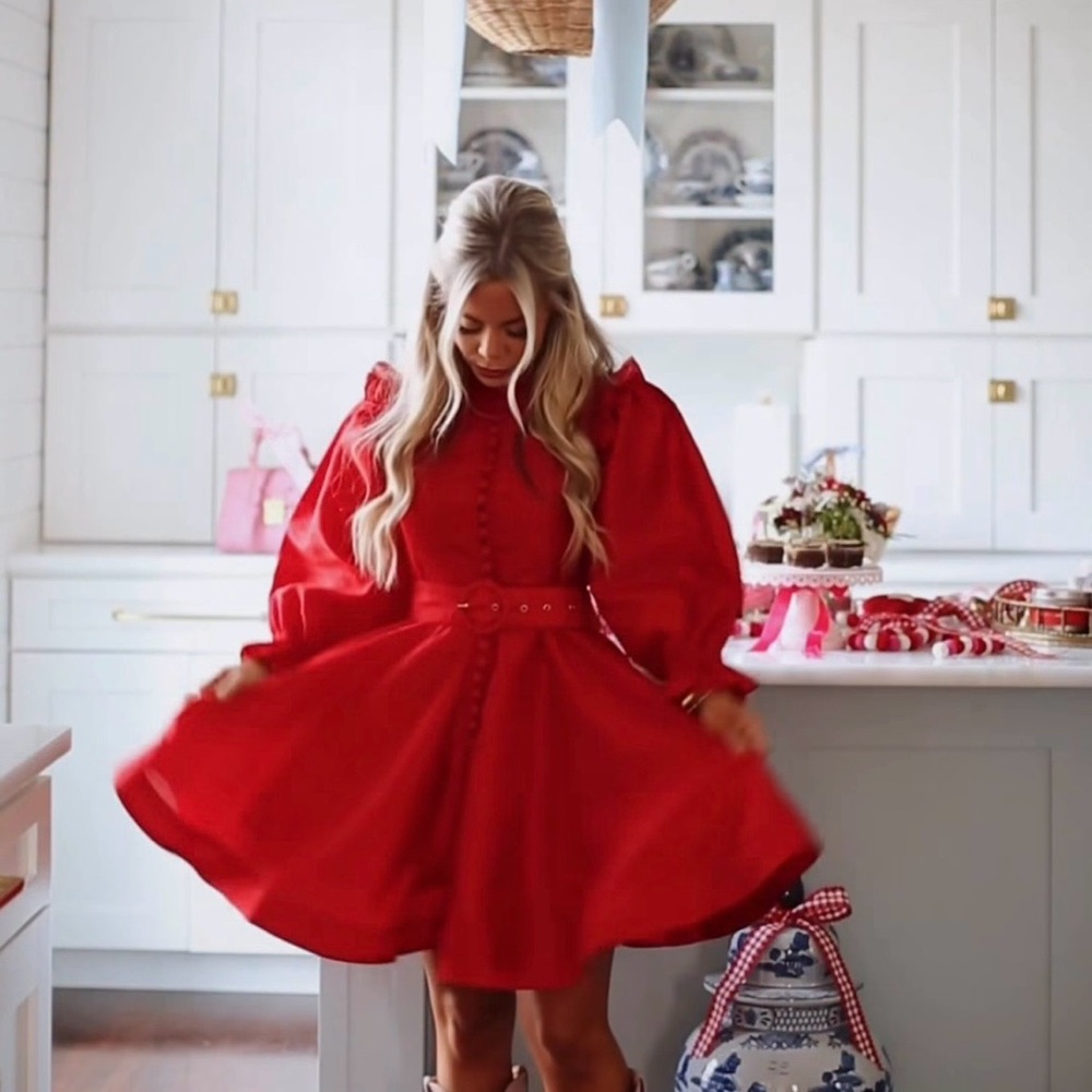 Red Puff-Sleeve Belted Mini Dress